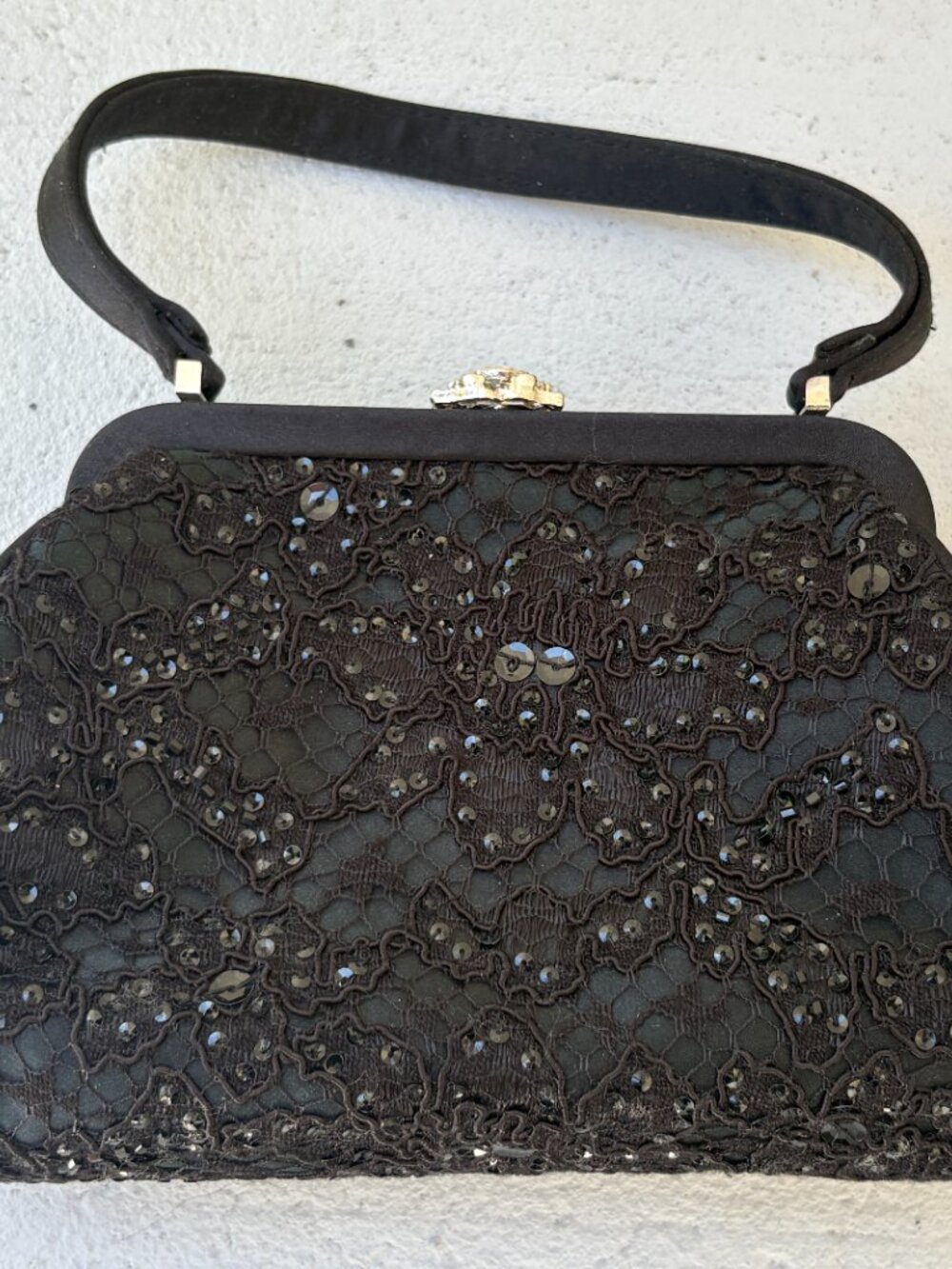 Talbots Black Beaded Top Handle Date Night Satin Purse